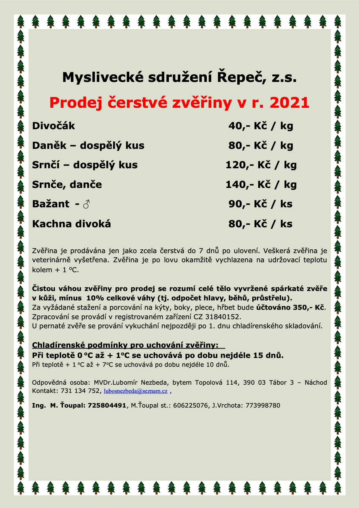 Ceník zvěřiny 2021
